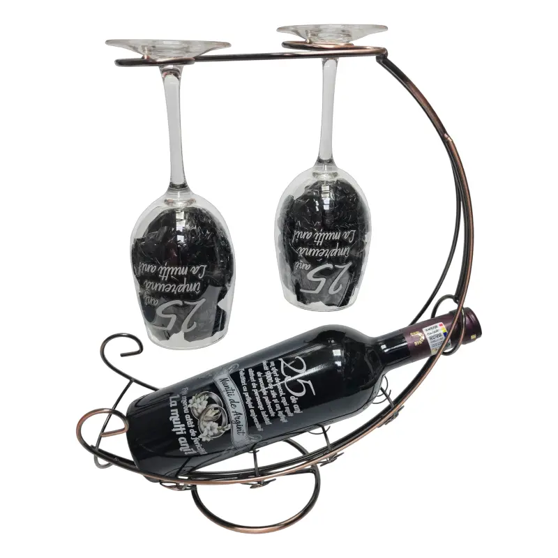 25 de ani aniversare, suport din metal cu sticla vin personalizata cu mesaj si 2 pahare personalizate 25 de ani impreuna